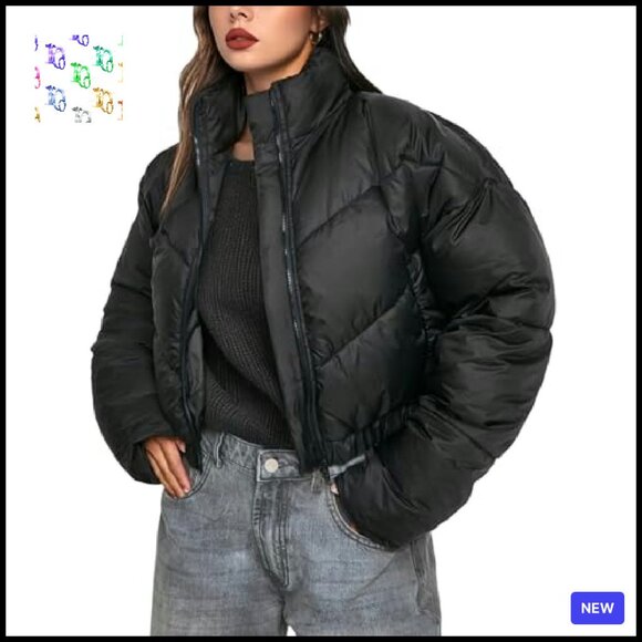 Cropped Puffer Jacket Winter Warm Quilted Zip Up Stand Collar Chic - Picture 2 of 7